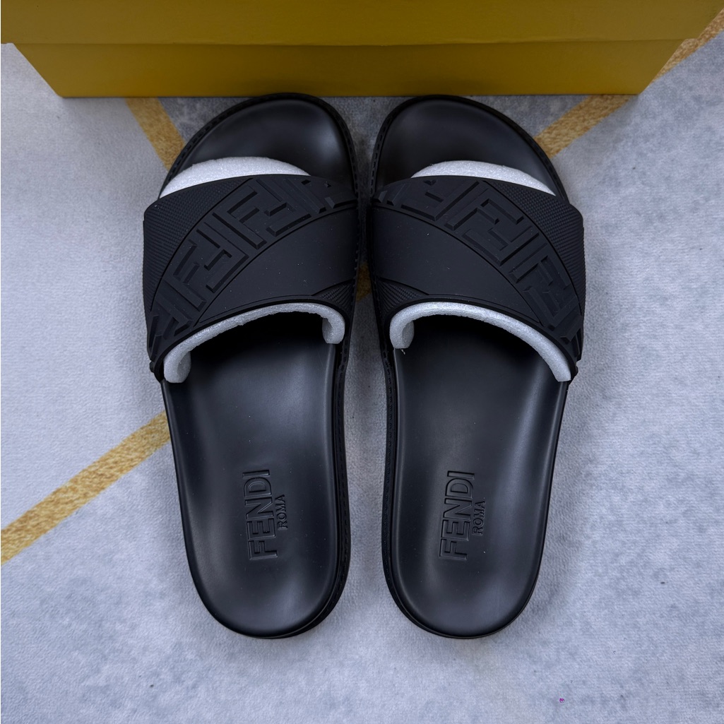 Fendi Black And Gray Embossed Logo Slide Sandals
